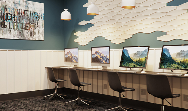 Cyber lounge with computer stations